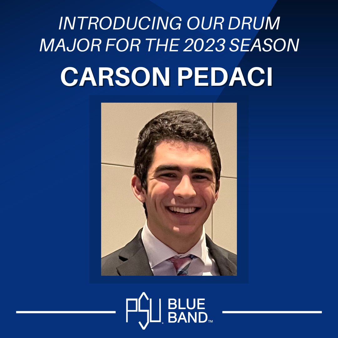 #WeAre so excited to announce our Drum Major for the 2023-2024 Blue Band season: Carson Pedaci! Carson will be the 62nd Drum Major in the Blue Band's history. We cannot wait to see what Carson will accomplish as the leader of our band!

#PSU #BlueBandHype #BuildingOnTheLegacy