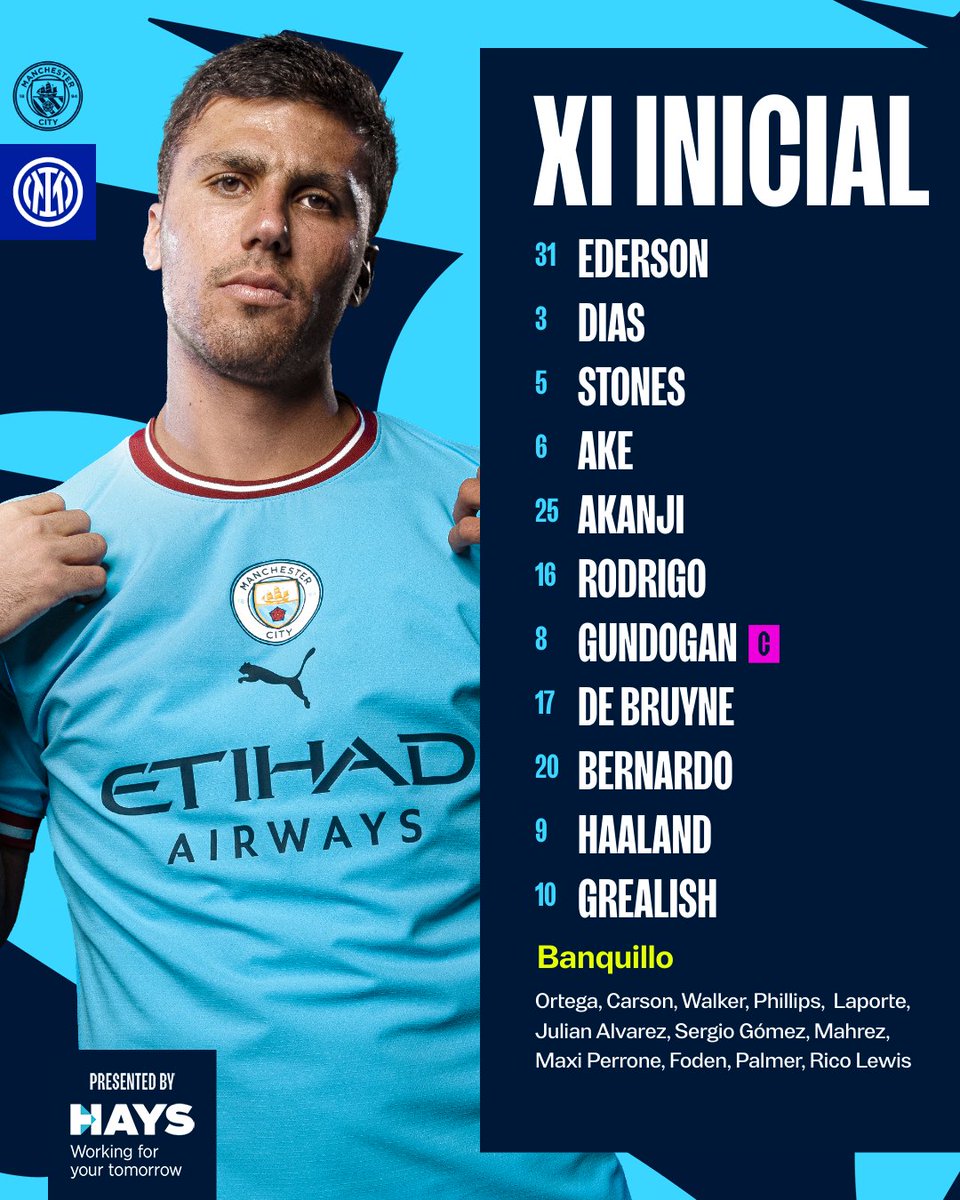 ManCityES's tweet image. 💙 NUESTRO ONCE 💙

¡LISTOS PARA LA FINAL! 🏆

Ederson, Akanji, Stones, Dias, Ake, Rodrigo, Gundogan (C), De Bruyne, Bernardo, Grealish, Haaland.