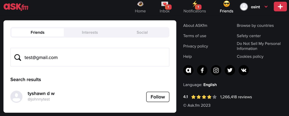 Email #OSINT Technique

Using the ask[.]fm friend search engine, you can successfully reverse search an email address and get back a first and last name, image, username, and other data found on the user's profile.