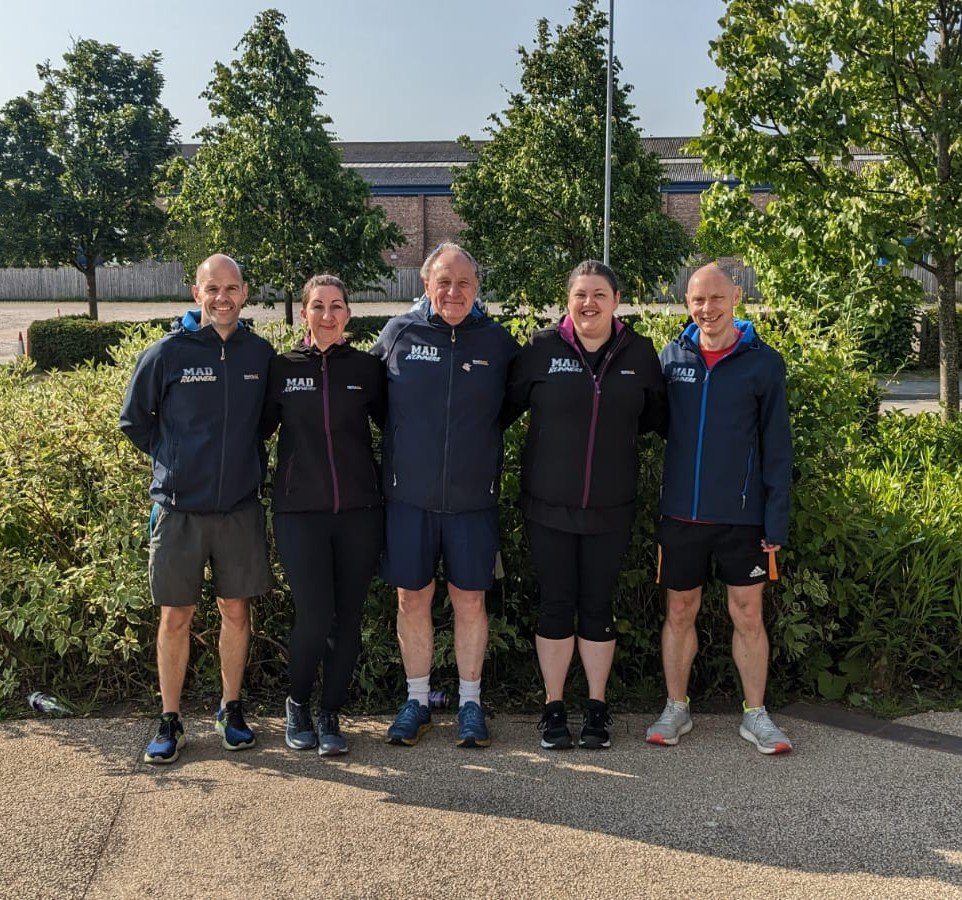 Madrunners1's tweet photo. As it's UK Coaching week we wanted to share an updated photo of our MadRunners Leader team. In addition to Mark, Deborah, Hannah and Phil we welcome Kieron as a leader. #TeamMadRunners 
England Athletics RunTogether https://t.co/eJgYGXjjKg