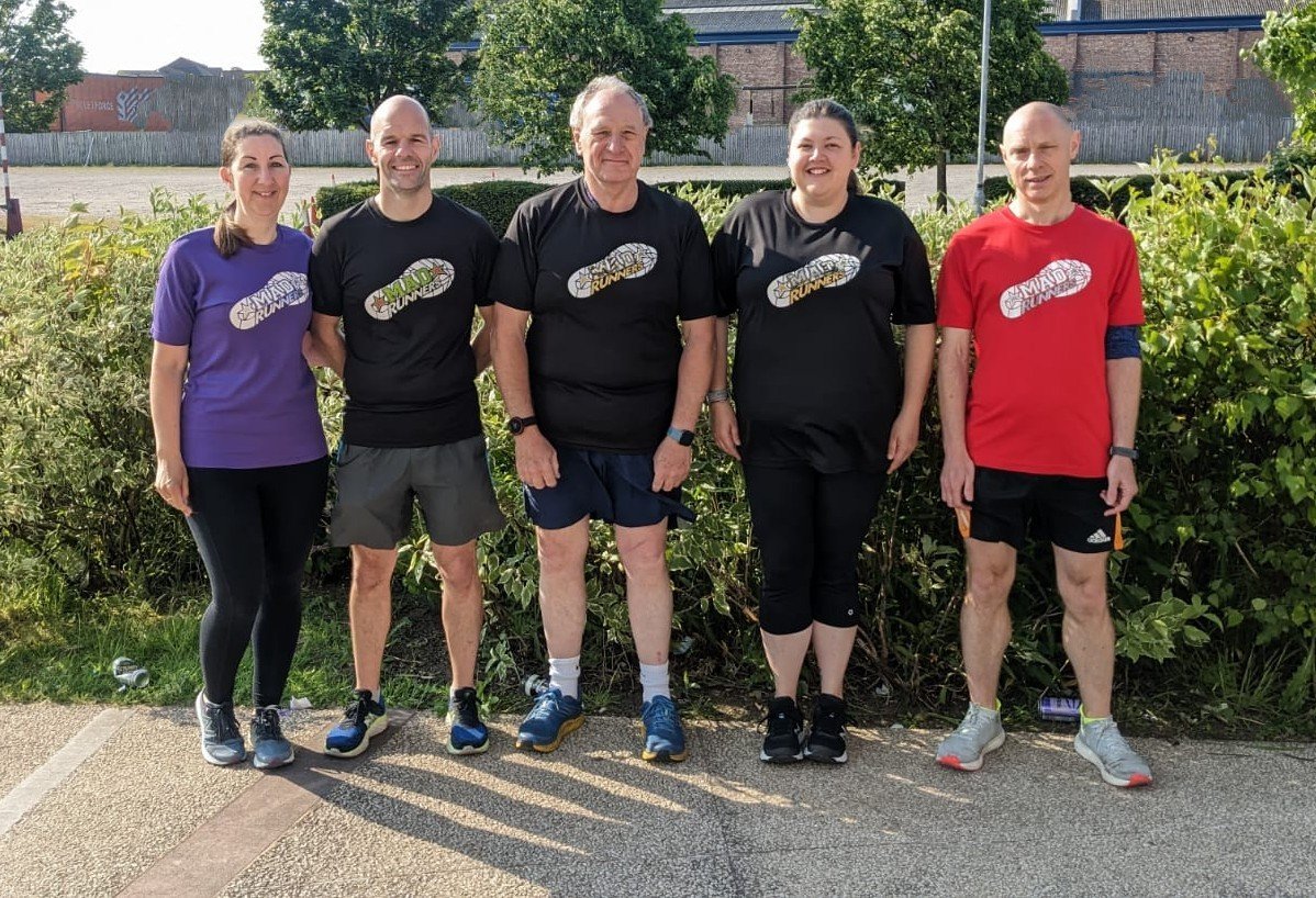 Madrunners1's tweet photo. As it's UK Coaching week we wanted to share an updated photo of our MadRunners Leader team. In addition to Mark, Deborah, Hannah and Phil we welcome Kieron as a leader. #TeamMadRunners 
England Athletics RunTogether https://t.co/eJgYGXjjKg