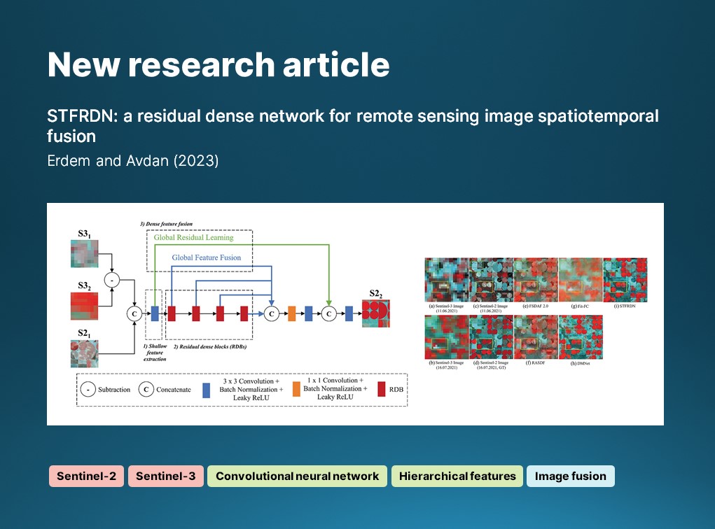 IJRemoteSensing's tweet image. 🔔 New article: 

Erdem &amp;amp; Avdan (@esteknikuniv) propose a #ConvolutionalNeuralNetwork (#CNN) for spatiotemporal fusion of #Sentinel2 and #Sentinel3 imagery, and which effectively uses hierarchical features. 

🔗 doi.org/10.1080/014311…

#IJRS #RemoteSensing #ResidualDenseNetwork
