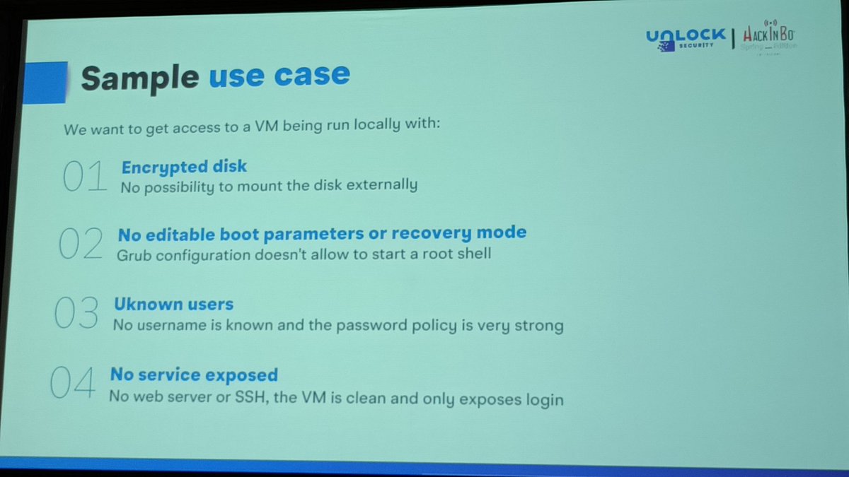 abilardi's tweet photo. Interessante talk di @mrnfrancesco: #Tampering the #RAM: a new way to #break into any #VM.

#vmem #memory #start #pause #PageCache #resume

#HiB #HiB23 #HackInBo #Security #Infosec #CyberSecurity #Bologna #TheBestEvent https://t.co/B58ysPKI0j
