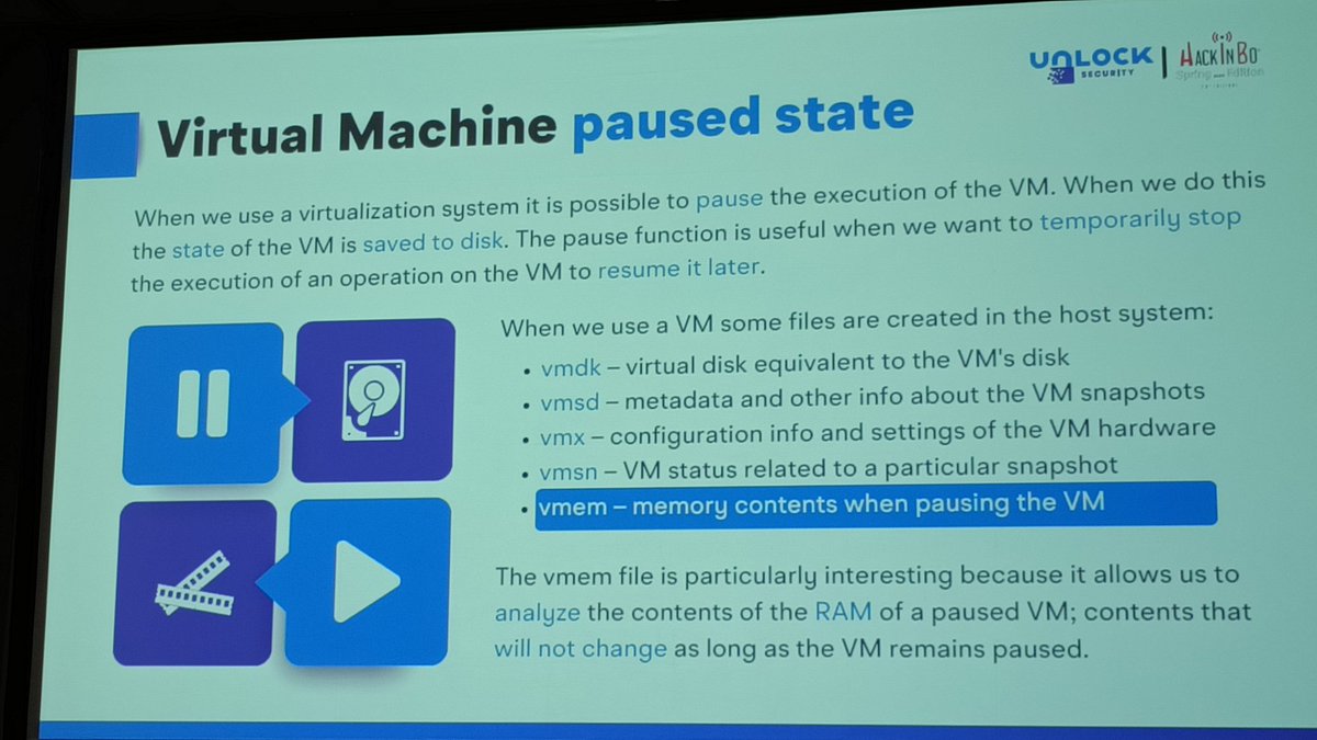 abilardi's tweet photo. Interessante talk di @mrnfrancesco: #Tampering the #RAM: a new way to #break into any #VM.

#vmem #memory #start #pause #PageCache #resume

#HiB #HiB23 #HackInBo #Security #Infosec #CyberSecurity #Bologna #TheBestEvent https://t.co/B58ysPKI0j