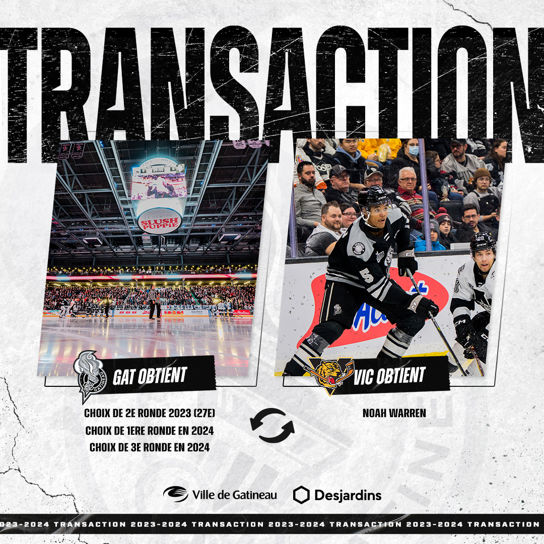 OlympiquesGAT's tweet photo. 𝐀𝐋𝐄𝐑𝐓𝐄 𝐓𝐑𝐀𝐍𝐒𝐀𝐂𝐓𝐈𝐎𝐍 | Les Olympiques mettent la main sur 3 choix de repêchage venant des @TigresVicto   en retour de Noah Warren. 

𝐓𝐑𝐀𝐍𝐒𝐀𝐂𝐓𝐈𝐎𝐍 𝐀𝐋𝐄𝐑𝐓  | The Olympiques acquire 3 draft picks from the @TigresVicto in return of Noah Warren. https://t.co/tjAVYDLpJ5