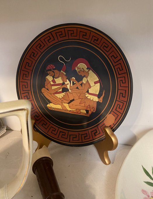 Popping my boypussy in the antique store where I purchased this decorative Patroclus and Achilles plate