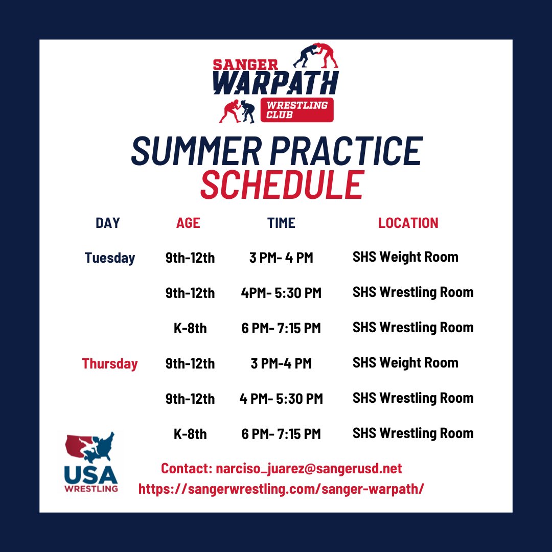 Sanger Warpath Summer Practice Schedule. Tuesdays and Thursdays All incoming 9th-12th APACHES will have weight lifting from 3-4 PM and Practice from 4-5:30 PM. Youth will be the same time from 6-7:15 PM. See you out there!