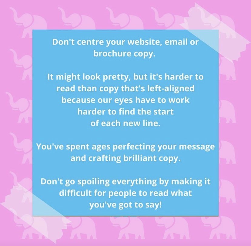 Saying it LOUDER for the people at the back . . . 📣

Plus centred copy isn't accessible for people with dyslexia.

There's a good reason why newspaper, magazine, and book copy isn't centred . . . 💡
#MarketingTips #CopywritingTips