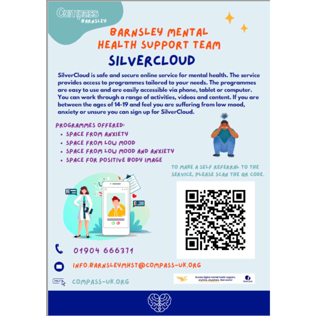 Online mental health support for 14-19 yo. 
safe and secure support with difficulties around anxiety, low mood and body image. 
Criteria: aged between 14 and 19, in education in Barnsley 

Scan the QR code, or call 01904 666371. 

Further information: compass-uk.org/services/barns…
