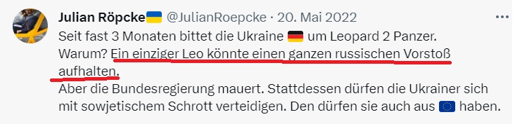 Hartes_Geld's tweet photo. Nachdem Russland binnen weniger Stunden ein knappes Dutzend deutscher #Leopard-Panzer (mit Billig-Drohnen) abfackelte, muss man konstatieren, dass der Tweet von @BILD-Experten @JulianRoepcke nicht ganz so gut alterte.
(Hier archiviert: https://t.co/UnTlPremcS)
#Ukraine https://t.co/buxPrQFdDC