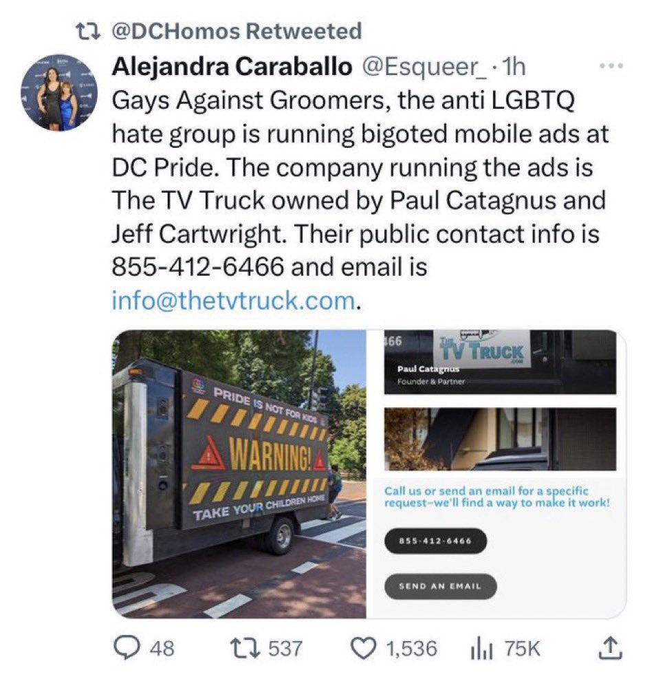 againstgrmrs's tweet photo. Alejandra Caraballo, notorious child mutilation and sterilization advocate, has already told their followers to pressure the brave company willing to spread our message into caving. 

Only a groomer would think an organization of LGB and T people trying to protect children is a bigoted hate group. 

Your days of corrupting and harming youth are coming to an end. We will not stop until they do. 

If you feel so inclined, please give the company a call or email them to show your support and appreciation ❤️ 

#GaysAgainstGroomers
