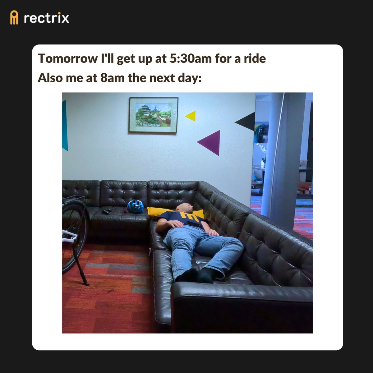 Rectrixio's tweet image. Me: Tomorrow I&apos;ll get up at 5:30am for a ride! 🌅🚲
Also me at 8am the next day... still sleeping 😴😂

#CyclingHumor #MorningRideFail #SnoozeButtonStruggles #cyclingmemes