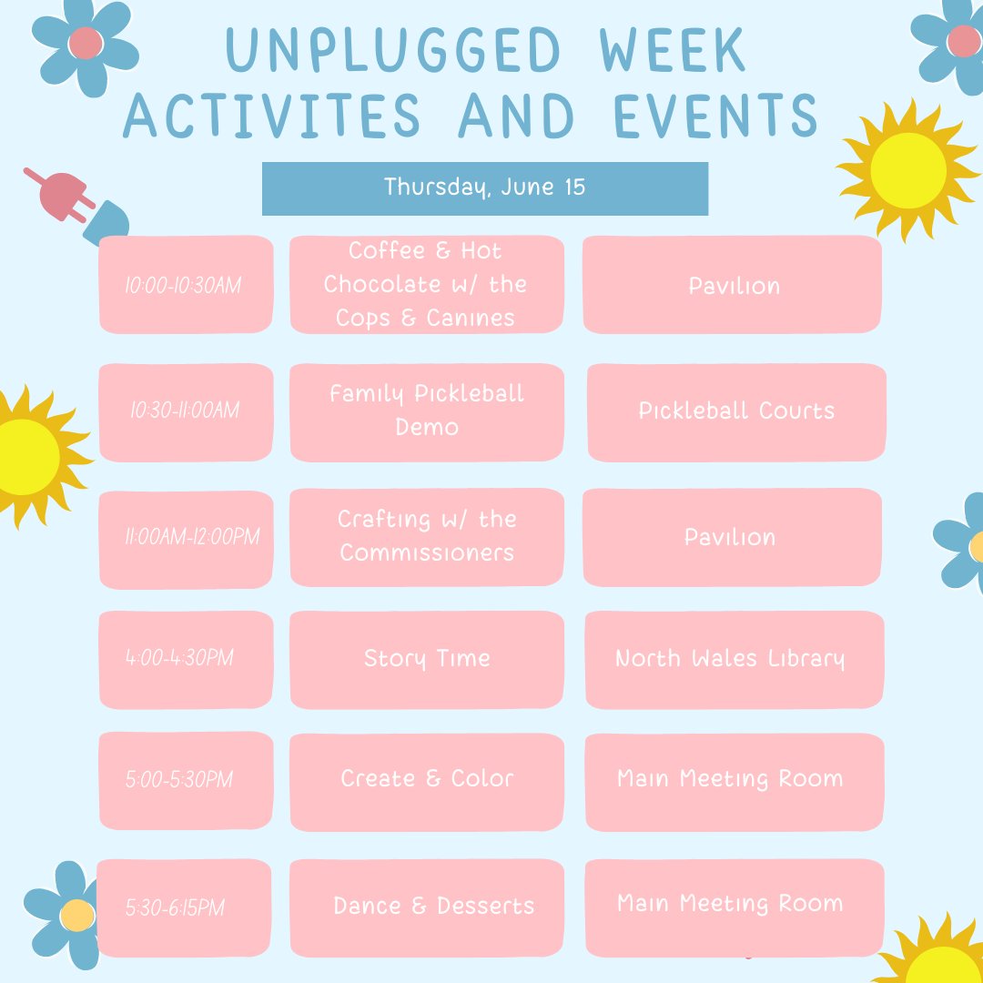 We are so excited for Unplugged Week! These free activities start Monday, we can't wait to see you there!

#UGT #UpperGwynedd #MontgomeryCountyPA #ParksandRec #UnpluggedWeek #Summer2023 #SpecialEvents