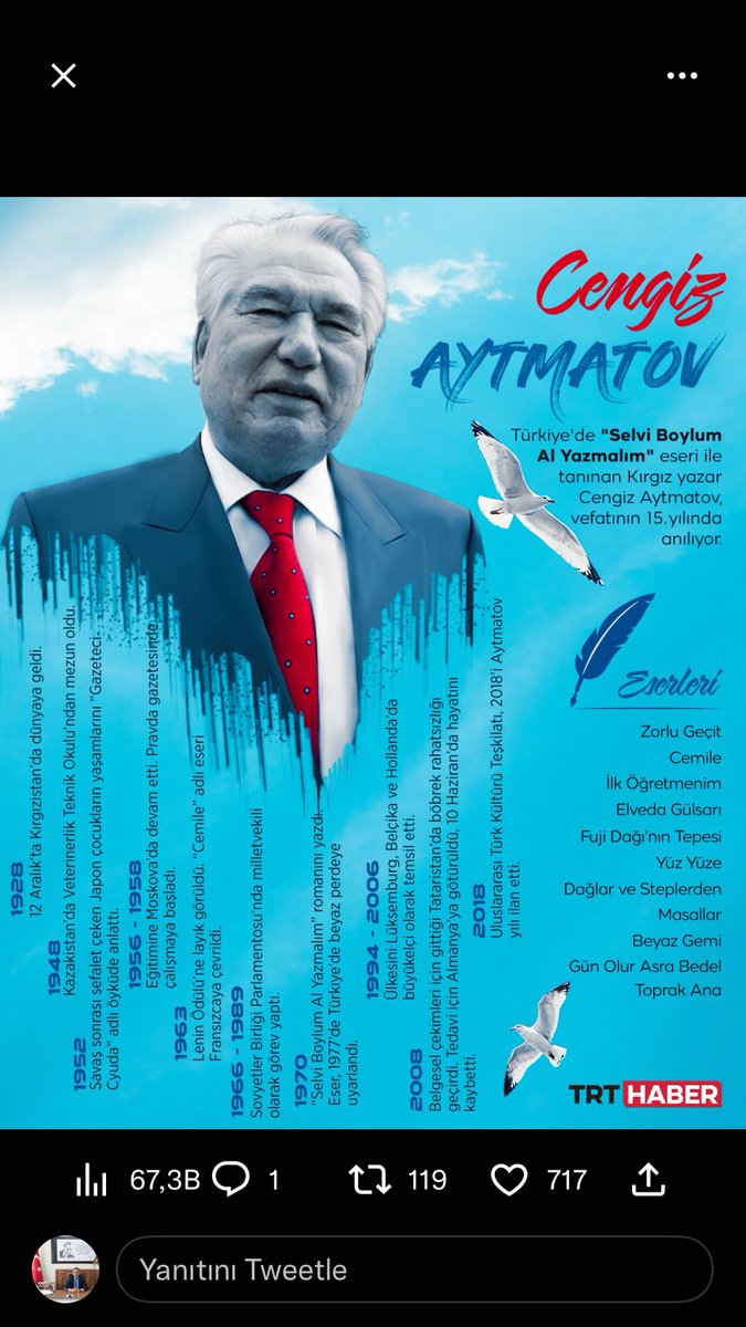 BBakir53's tweet photo. Türk dünyasının usta kalemi ve devlet adamı Cengiz Aytmatov’u vefatının yıl dönümünde rahmetle anıyorum.
#CengizAytmatov https://t.co/QpNLWGiVC3