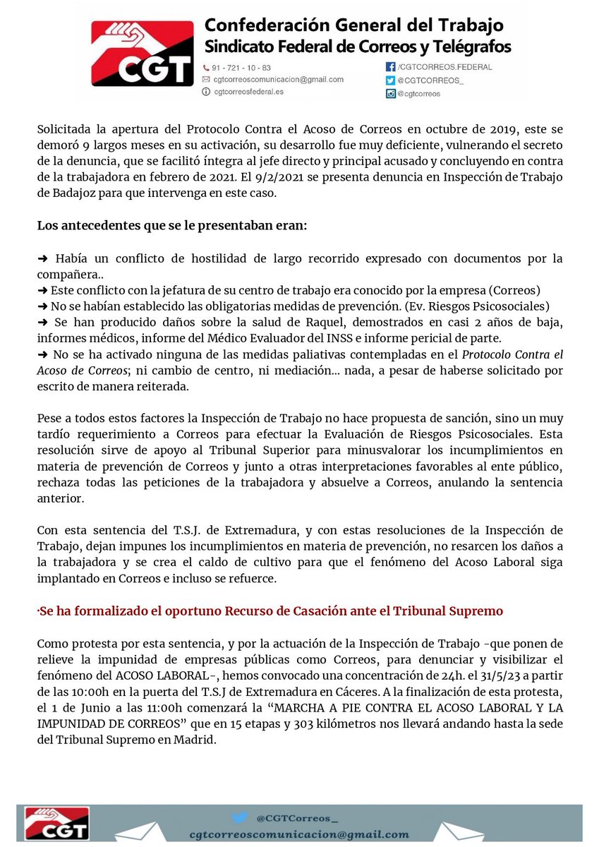 CGT Zona Sur (@cgtzonasur) on Twitter photo CORREOS | Concentración contra el #AcosoLaboral en #Correos.
🗓 15 J
🕖 10 h.
📌 Plaza Villa de París
(Tribunal Supremo) #Madrid
<a href="/CGT_Madrid/">CGT Madrid, Castilla la Mancha y Extremadura</a>
Marcha contra el acoso y la impunidad en #Correos
<a href="/CGTCorreos_/">CGT CORREOS</a> CORREOS | Concentración contra el #AcosoLaboral en #Correos.
🗓 15 J
🕖 10 h.
📌 Plaza Villa de París
(Tribunal Supremo) #Madrid
<a href="/CGT_Madrid/">CGT Madrid, Castilla la Mancha y Extremadura</a>
Marcha contra el acoso y la impunidad en #Correos
<a href="/CGTCorreos_/">CGT CORREOS</a>