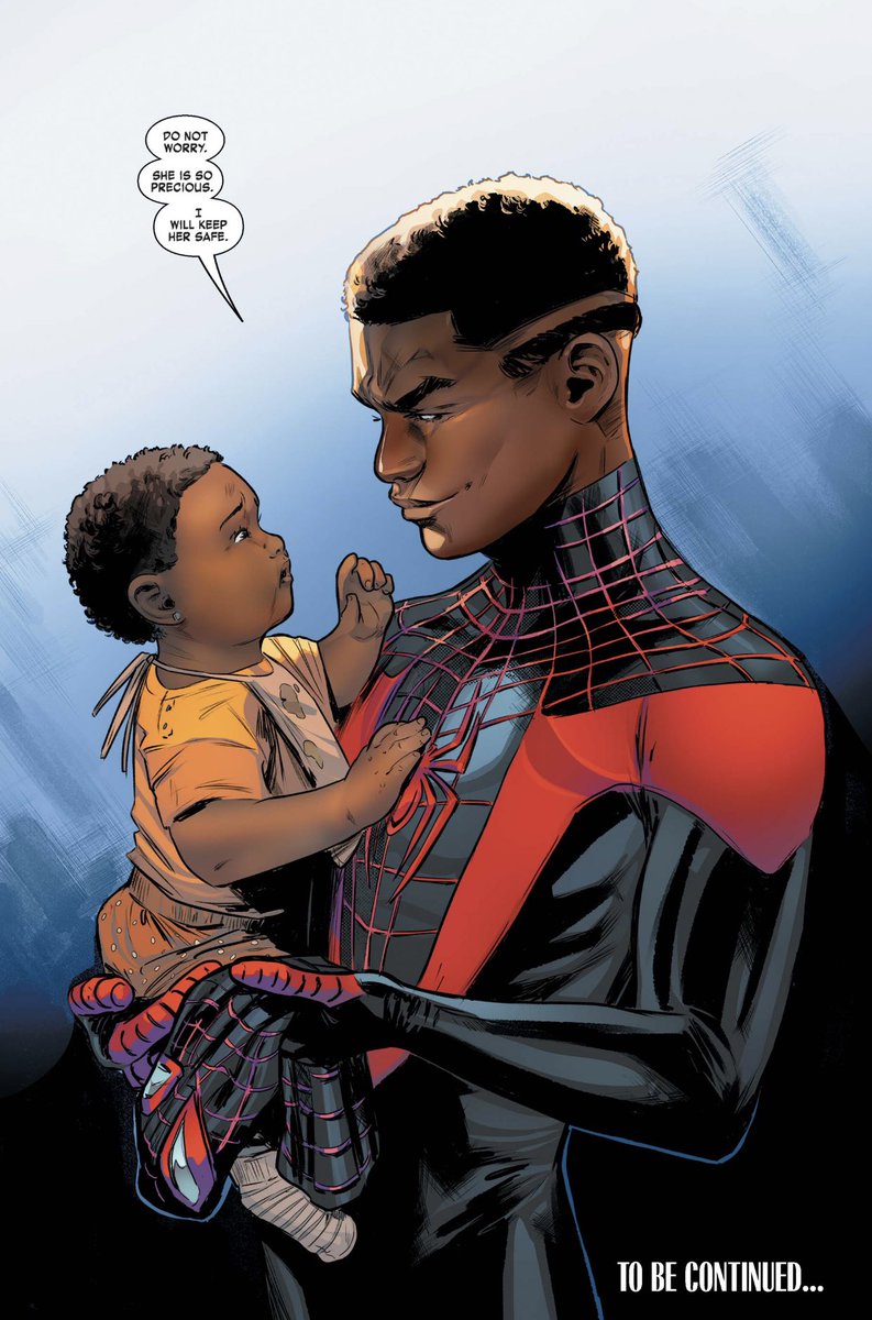 Yes, there is a universe where Miles and Gwen get married and have kids.

So why would you use an edited panel of Miles’ clone holding his baby sister?