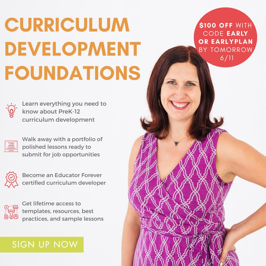 Don't miss out on your chance to go from teacher to curriculum developer this summer! ✨

Get $100 off the Curriculum Development Foundations Program now (ends tomorrow 6/11!). 

Sign up here 👉 bit.ly/395R9dR

#TeacherTwitter #EducationJobs #Teachers #TeacherSupport