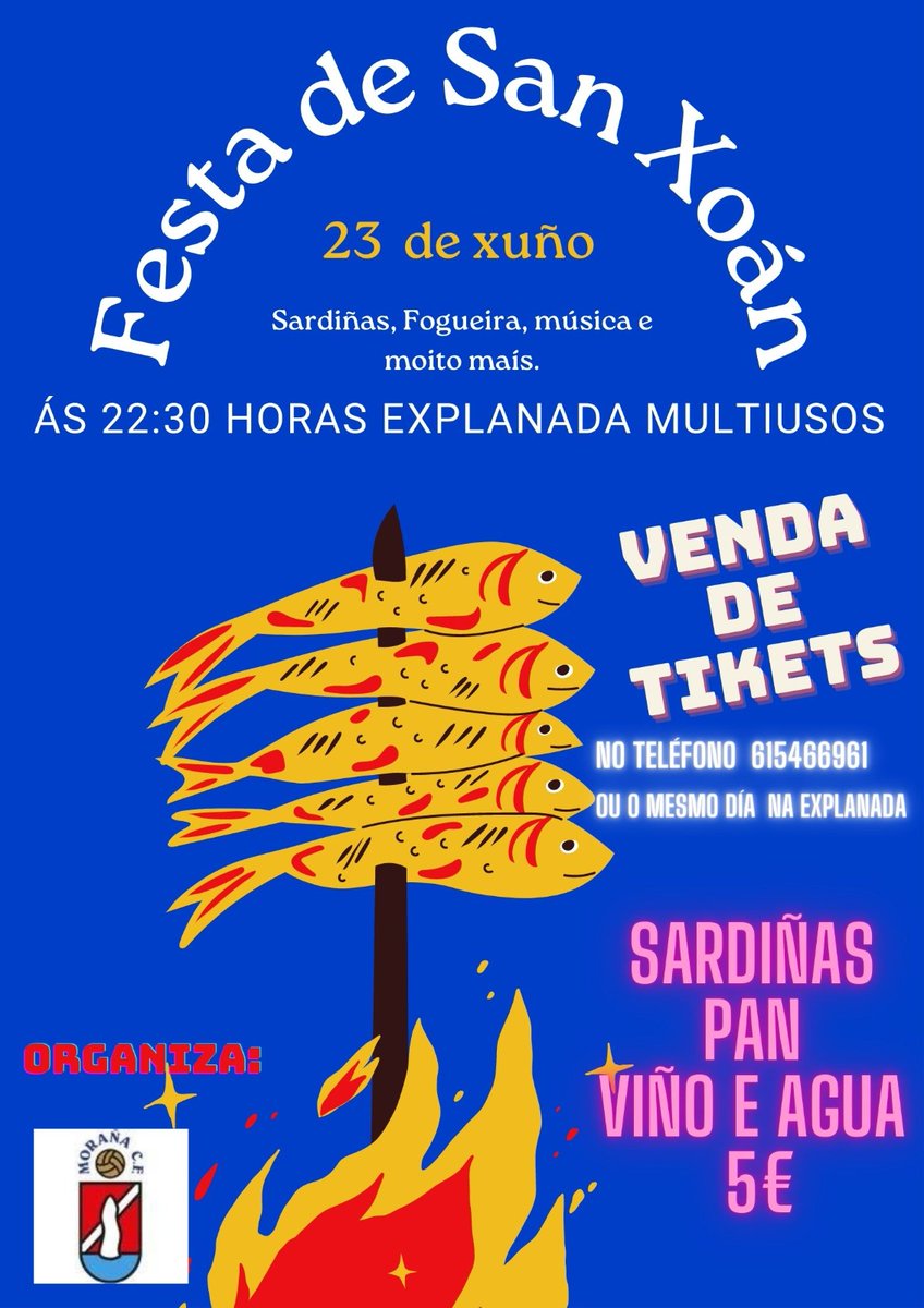 🔥 𝗦𝗔𝗡 𝗫𝗢𝗔𝗡 𝟮𝟬𝟮𝟯 I Se aínda non tes plan para celebrar o San Xoán, que che parece vir a celebralo co Moraña C.F.?
Imos organizar unha gran festa na explanada do Multiusos o 23 de Xuño, con sardiñas, pan, viño e auga. Comprade xa os vosos tickets!!
#VamosMoraña #SanXoan