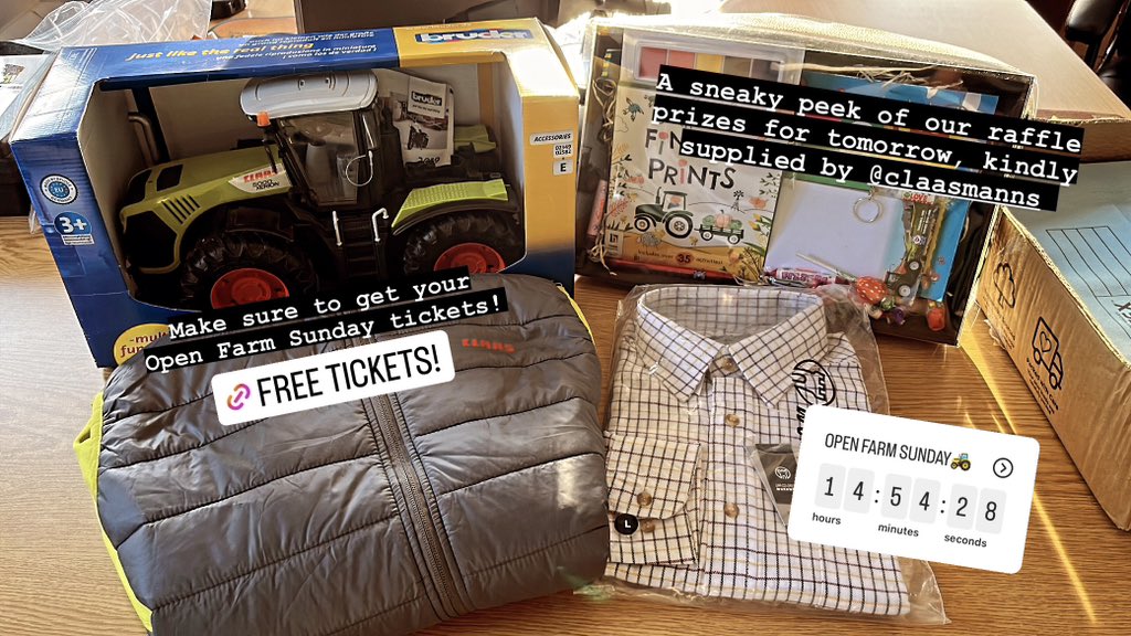 Our raffle prizes for @OpenFarmSunday kindly supplied by @claas_anglia 🚜🌾 FREE tickets available here; trybooking.co.uk/CHOE