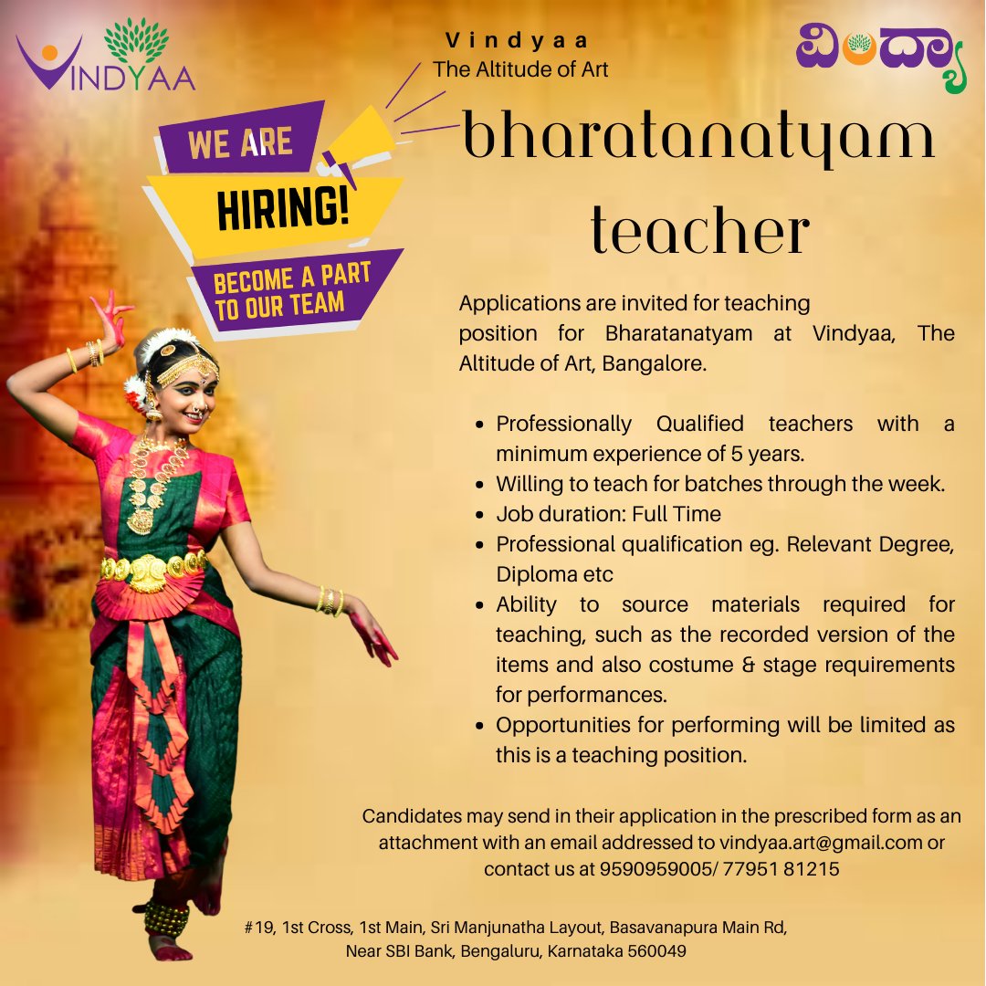 Vindyaa is looking for trained professional Dance teacher for Bharatanatyam. Those interested can apply for the post by writing to vindyaa.art@gmail.com
.
.
.
#bharatanatyam #bharatanatyamteacher #danceteacherswanted #danceteacher #danceteachers #bharatanatyamteacherswanted