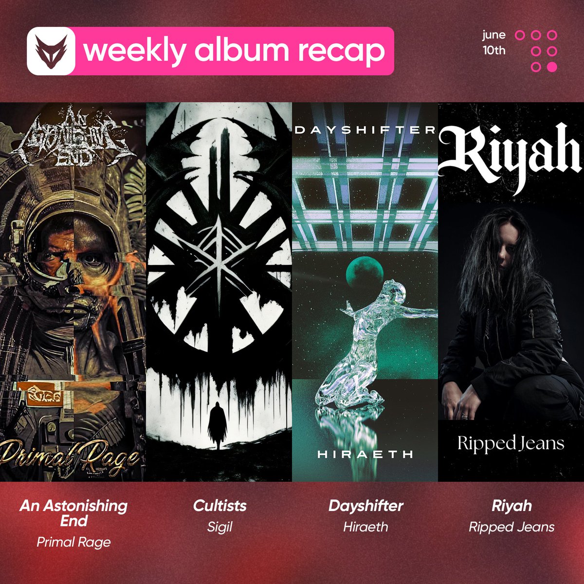 FOXCOREisdead's tweet photo. @STASISBANDBC @UltraQmusic @Candygonnadie @moduerhaoxian @miserywhippdx @oscarbaitchi @donttryqc @SmokeSignalsAR @PanicRoomHC @ViceGrip812 @Forbidden_Order @SpinelessTx @virtualveins // What albums came out this week, Pt. VII: June 10th

@AstonishingEnd — Primal Rage
#Cultists — Sigil - EP
@dayshifteruk — Hiraeth
Riyah — Ripped Jeans - EP https://t.co/pHeJJbbXdM