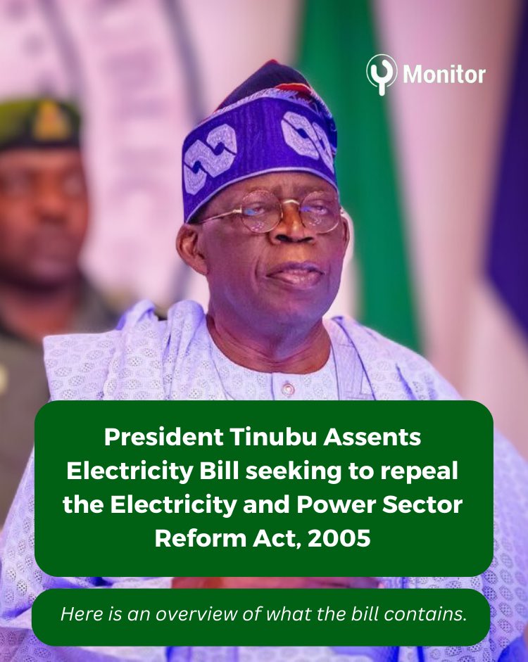 ymonitorng's tweet photo. President Bola Tinubu has recently enacted the new Electricity Bill, signifying a remarkable departure from the outdated Electricity and Power Sector Reform Act of 2005.
Swipe to see what you need to know about the new bill.
#YMonitor
#YMonitorSpotlight https://t.co/osPlWRg50i