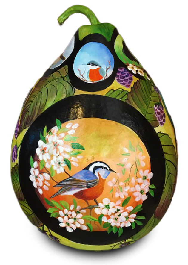 Diane Daubert painted this stunning pear gourd.💚 🐦The greens are incredible! #peargourd #gourdart #paintedgourd
