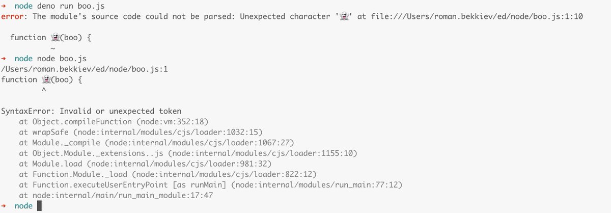 rombek's tweet photo. Oh, come on! Neither @deno_land  nor @nodejs  can have emoji as a function name! What a shame! https://t.co/iNNpLK9wRT