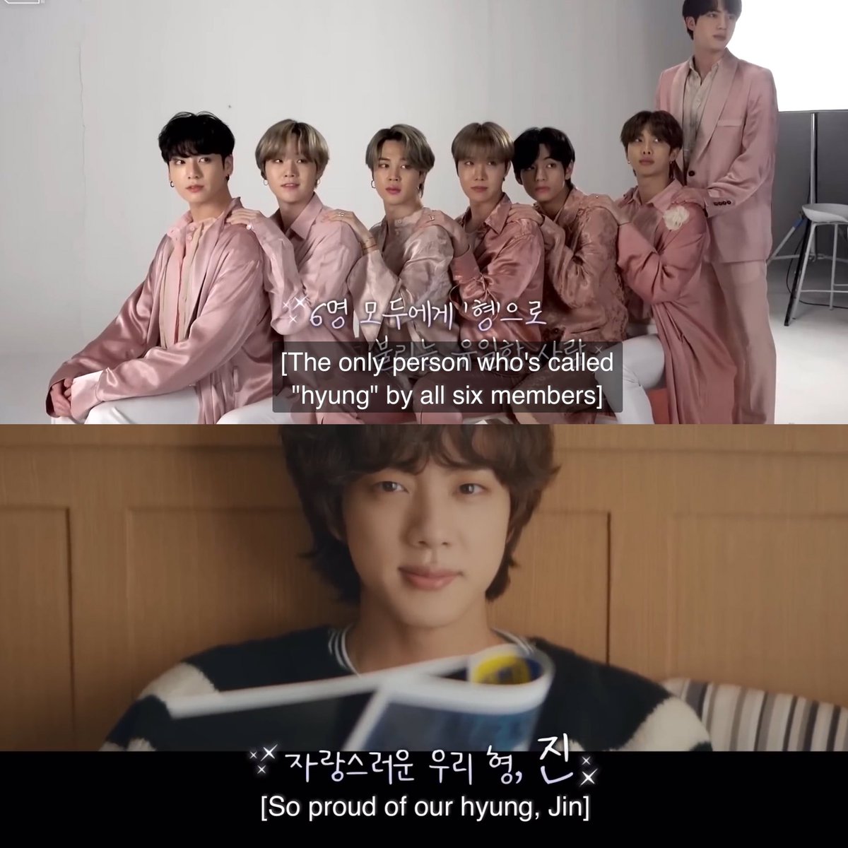 sevenrchive's tweet photo. “the only person who’s called “hyung” by all six members” “so proud of our hyung, jin” i’m so sad 😭 https://t.co/8JZnDzLVpk