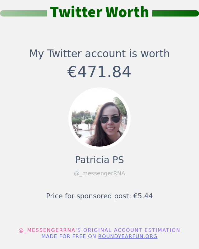 _messengerRNA's tweet photo. Mi valor en Twitter es de: €471.84

➡️ https://t.co/KwJwN2Q563 https://t.co/P5iZc299Lq