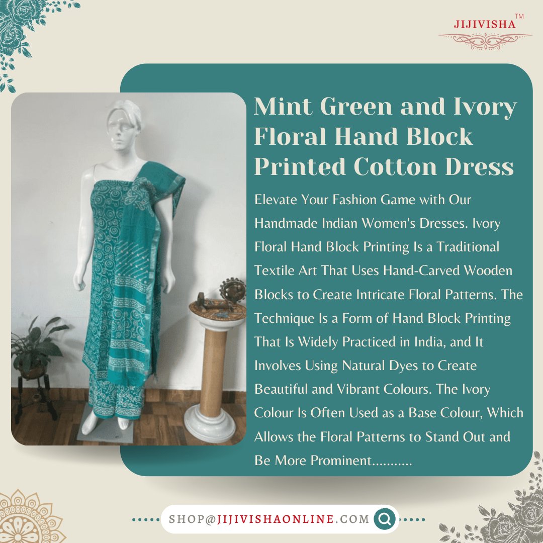 Get your hands on our Mint Green and Ivory Floral Hand Block Printed Cotton Dress Material today. The fabric is fabricated in 100% cotton, making it comfortable and breathable. Get it now!

#floralprints #handblockprinted #cottondressmaterial #mintgreen #ivoryfloral #handcrafted