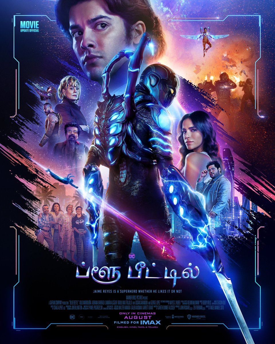 FilmUpdateOffi's tweet photo. Poster 1: #BlueBeetle is releasing in theatres on August 18 in English, Hindi, Tamil &amp; Telugu, #FilmedForIMAX #MovieUpdateOfficial https://t.co/CDuiwuoEMJ