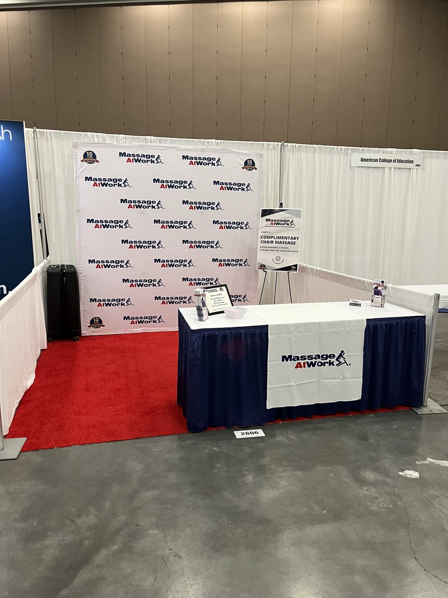 MassageAtWorkUS's tweet photo. All set up at #SHRM23 in Vegas! Visit us at Booth 2606 for complimentary massages and a chance to win 3 free hours of chair massage for your office! 
#shrm23influencer #shrmvegas #massage #chairmassage #wellness #hrexpo #hr #expo #health #healthandwellness #selfcare https://t.co/4lruh41dXt