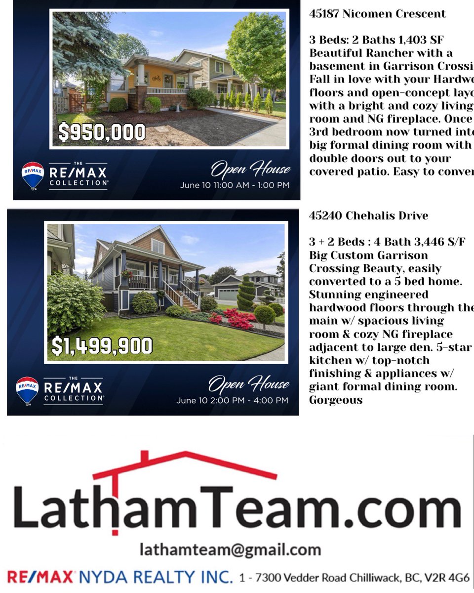 OPEN HOUSE SATURDAY 😀
Drop by and check out these two Garrison Crossing homes, across the street from each other. Are you Buying or Selling ? 
LathamTeam.com 604-791-6885

#remaxchilliwack #openhouse