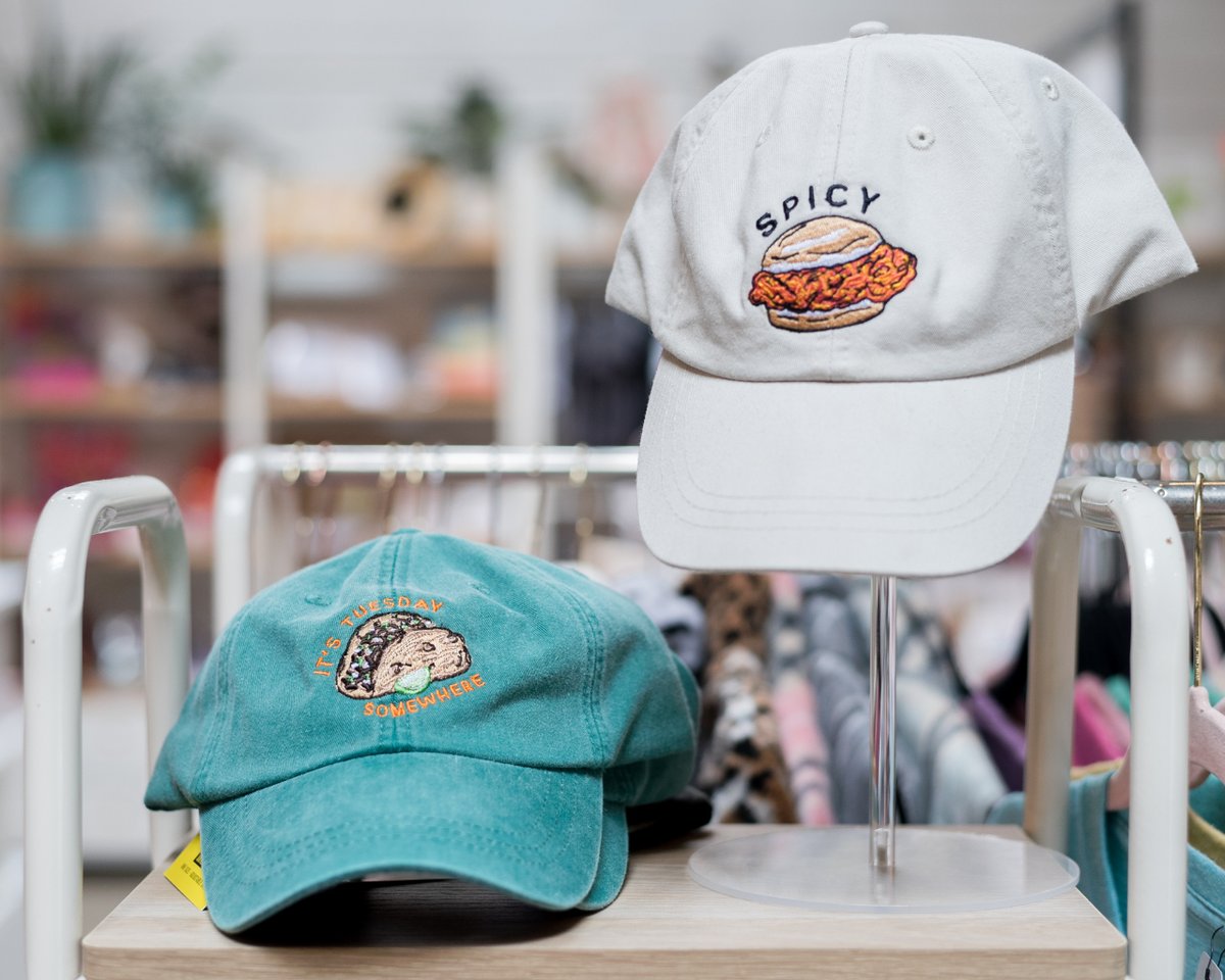 SETTLE THIS DEBATE: tacos or spicy chicken?! 

Hats from Banana Soup, in-store now! #shoplocaldallas #shopsmalldallas #supportwomeninbusiness #shophandmade #shopwomenowned #supportfemaleentrepreneurs #bishopartsdistrict #fathersdaygifts #tacos #spicychicken