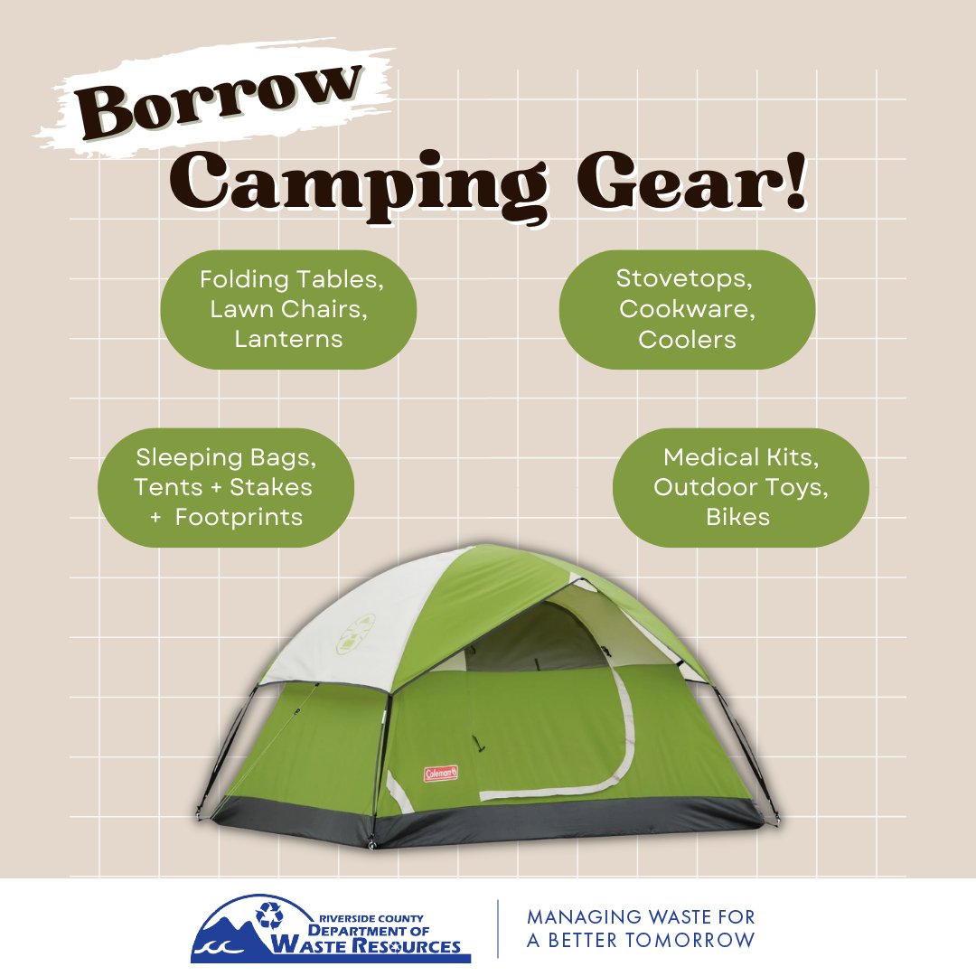 Borrow what you can from family & friends before you buy new! Secondhand items are friendlier to the environment and our wallets. #NationalCampingMonth #Nature #Outdoors #ZeroWaste #RivCo #RCwaste