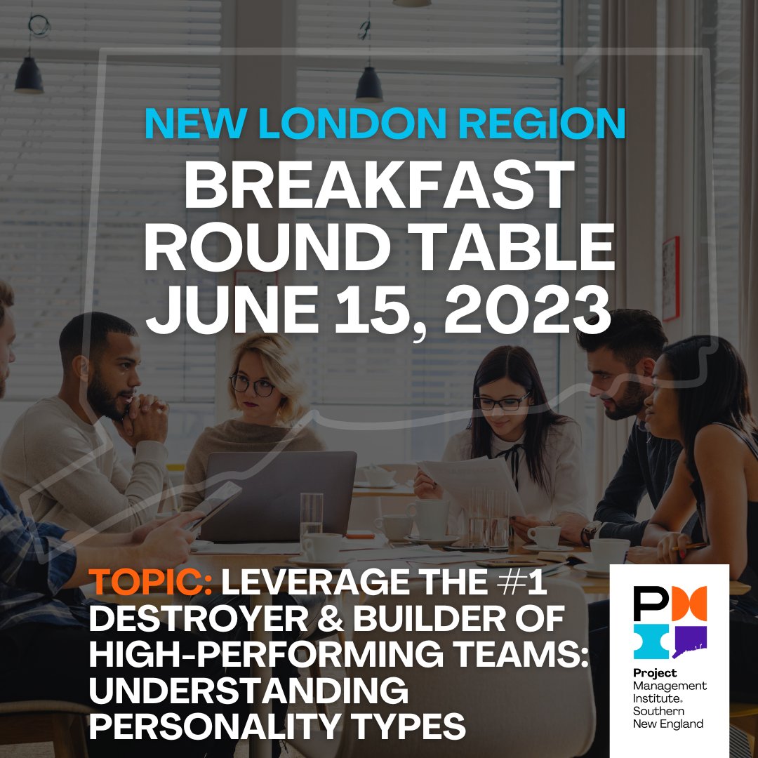 SNECPMI's tweet image. Please join the SNEC-PMI New London Region for our monthly Breakfast meeting on Thursday, June 15, 2023, from 7:45 a.m.- 9:00 a.m. EST. Pre-registration is required lnkd.in/ehBWV7kG  #projectmanagement #highperformanceteams #personalitytypes #newlondonregionchapter