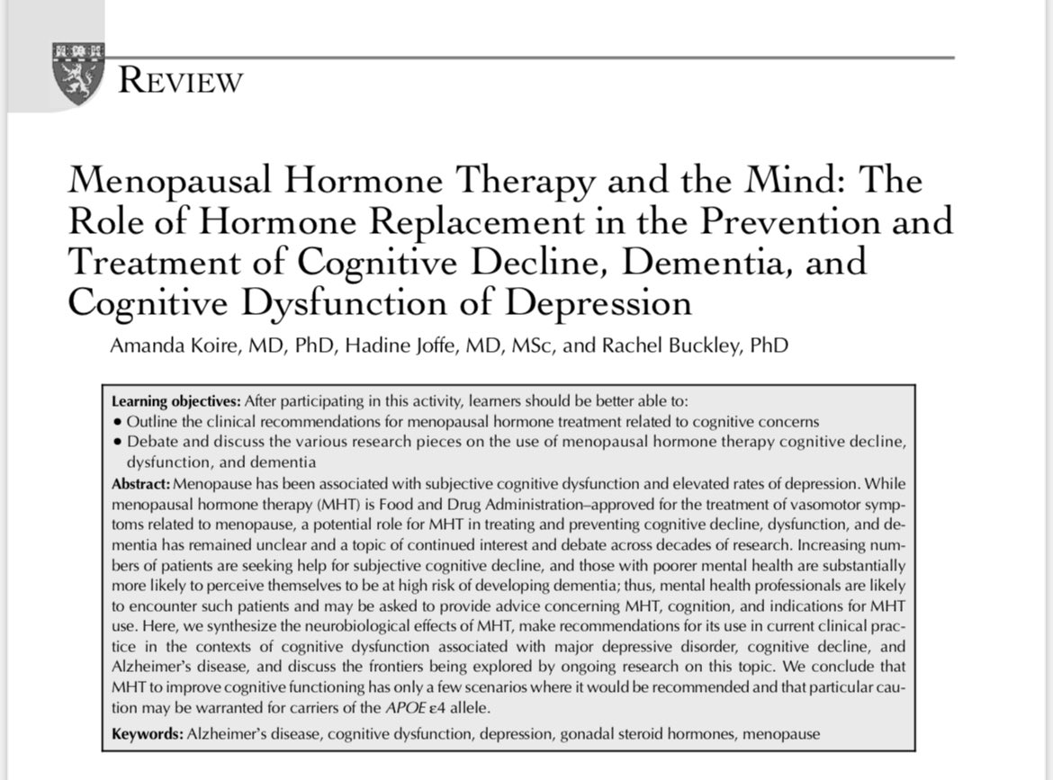 drlouisenewson's tweet photo. Great paper - “Multiple epidemiologic studies have reported a decreased risk of dementia when MHT [HRT] is taken in midlife, with one reporting a 26% decreased risk of dementia and another a 30% decreased risk of AD [Alzheimer’s Disease], although the recommended duration of therapy is conflicting, with the former recommending use only in midlife and the latter suggesting ten or more years of therapy for maximum benefit. One study suggests as much as a 65% risk reduction in AD if initiated between 50 and 63 years of age.”

Many people do not realise that body identical HRT is very different from older types containing synthetic progestogens too. 

https://t.co/9EEy6Y5APS