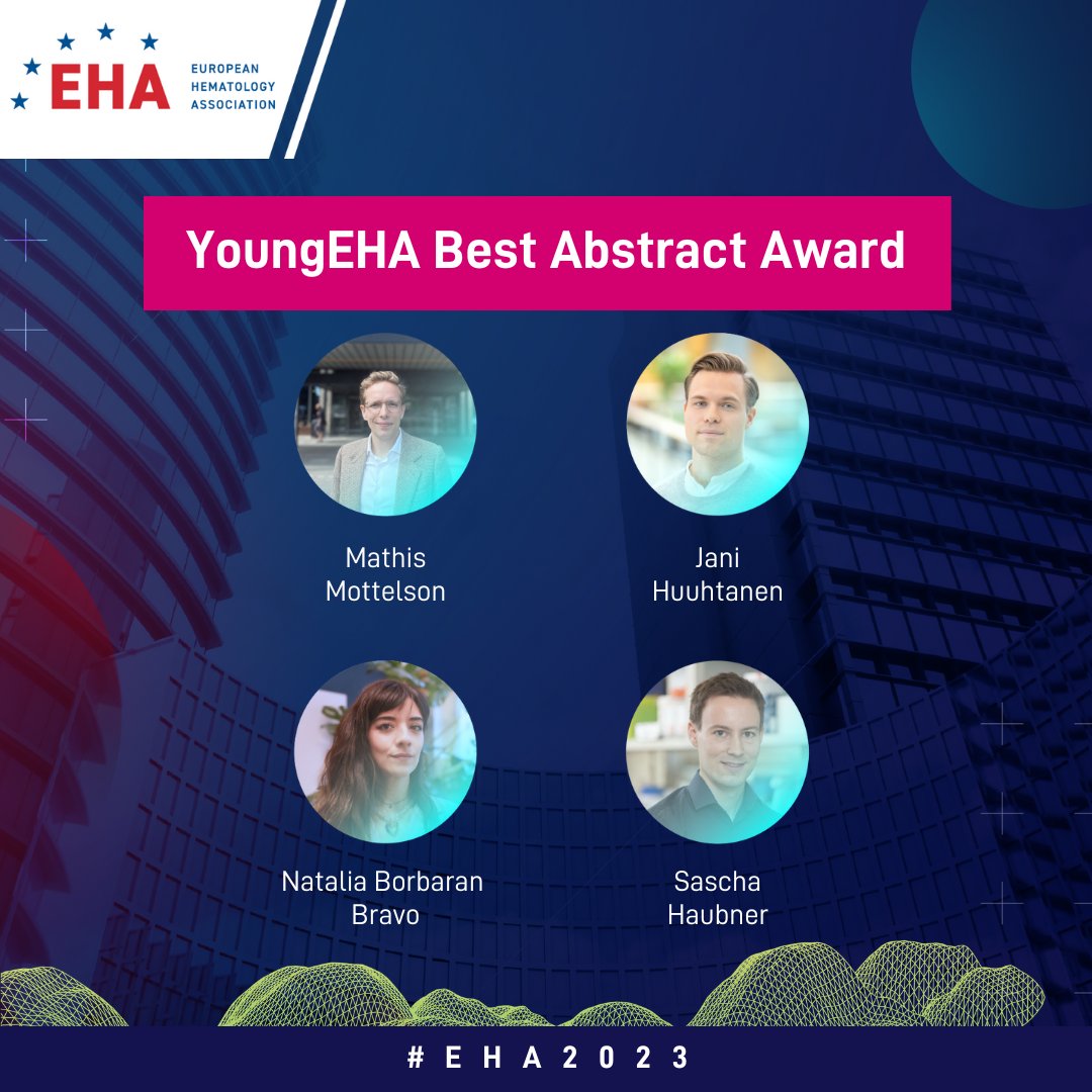 We would like to congratulate this year's <a href="/Young_EHA/">YoungEHA</a> Best Abstract Award winners on their excellent work:

👏 Mathis Mottelson
👏 Jani Huuhtanen
👏 Natalia Borbaran Bravo
👏 Sascha Haubner

#hematology #EHA2023 #EHA #YoungEHA