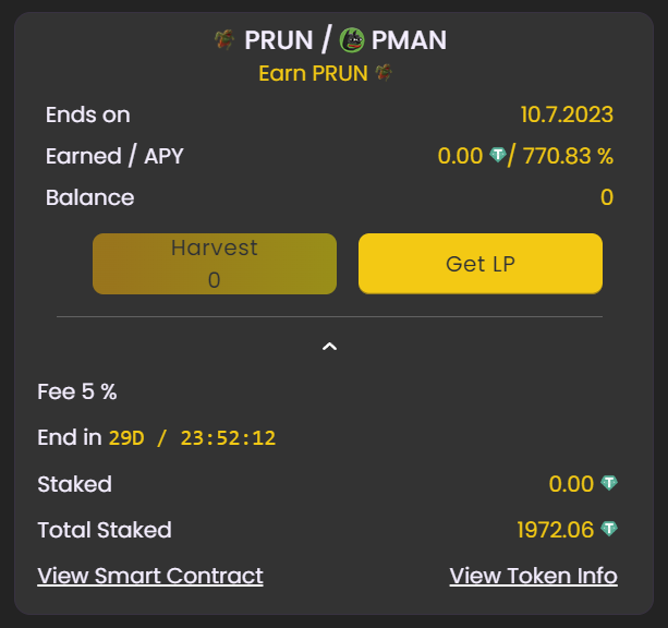 PEPMAN_BTT's tweet photo. #PRUN-#PMAN staking @IntercroneWorld 770% APY
The 5% staking fee will be locked forever to give a constant trading volume and a constantly growing liquidity.
https://t.co/Jqa7x0iNb7 https://t.co/g3F38ZpAMv
