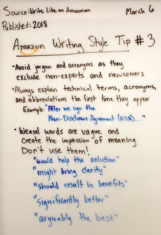 In 2018, an Amazon employee shared the company’s “7 Tips for Business Writing.”

They’re a must-read for anyone who wants to write more clearly.

1. Use fewer than 30 words per sentence

Constraints drive clear thinking.

And the best constraints force you to use less words, not