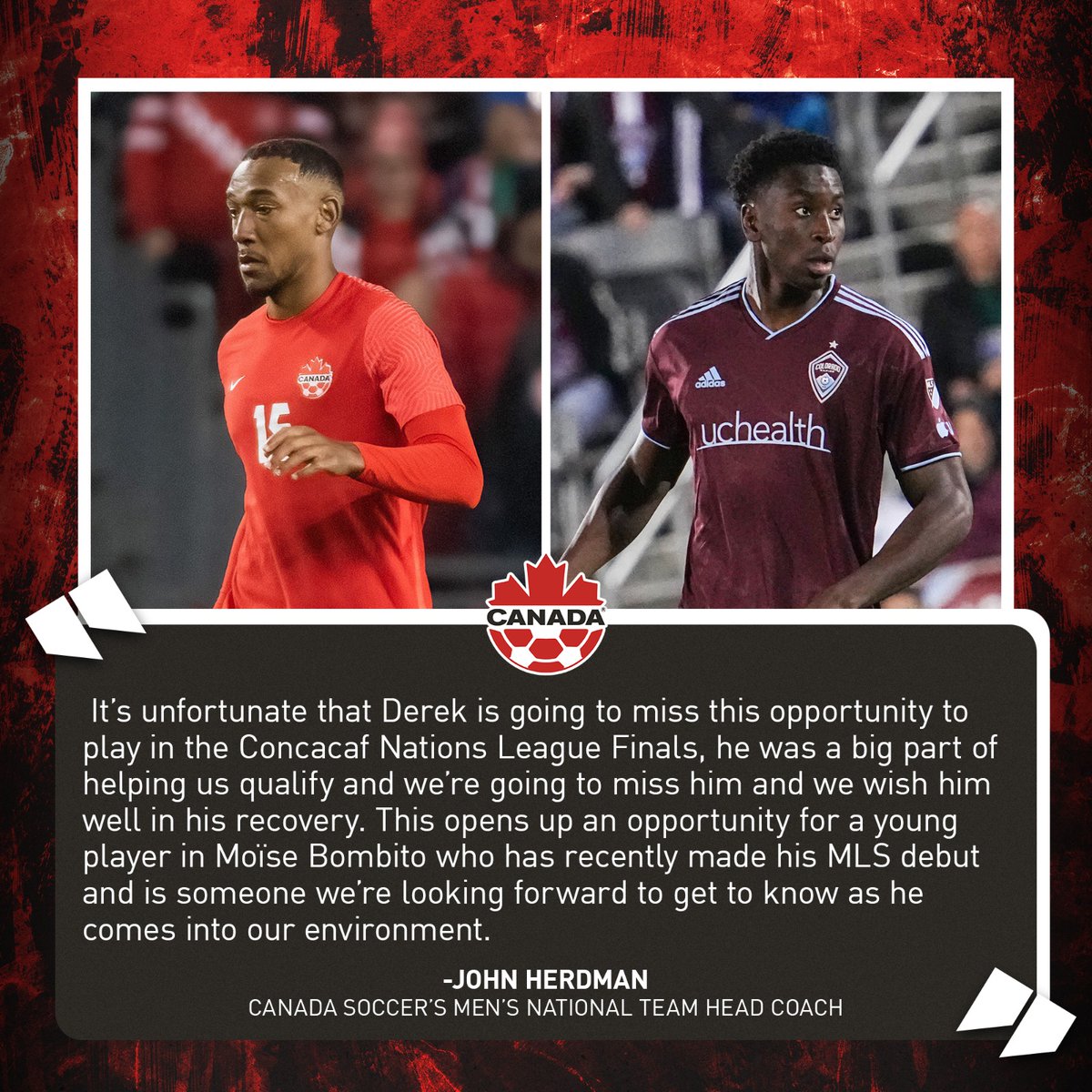 #CANMNT Roster Update 🔁

Defender Derek Cornelius has been forced to withdraw from the Concacaf Nations League Finals squad due to injury. 

Moïse Bombito has been called in as replacement. This is Bombito's first Canadian call-up. 

#WeCAN