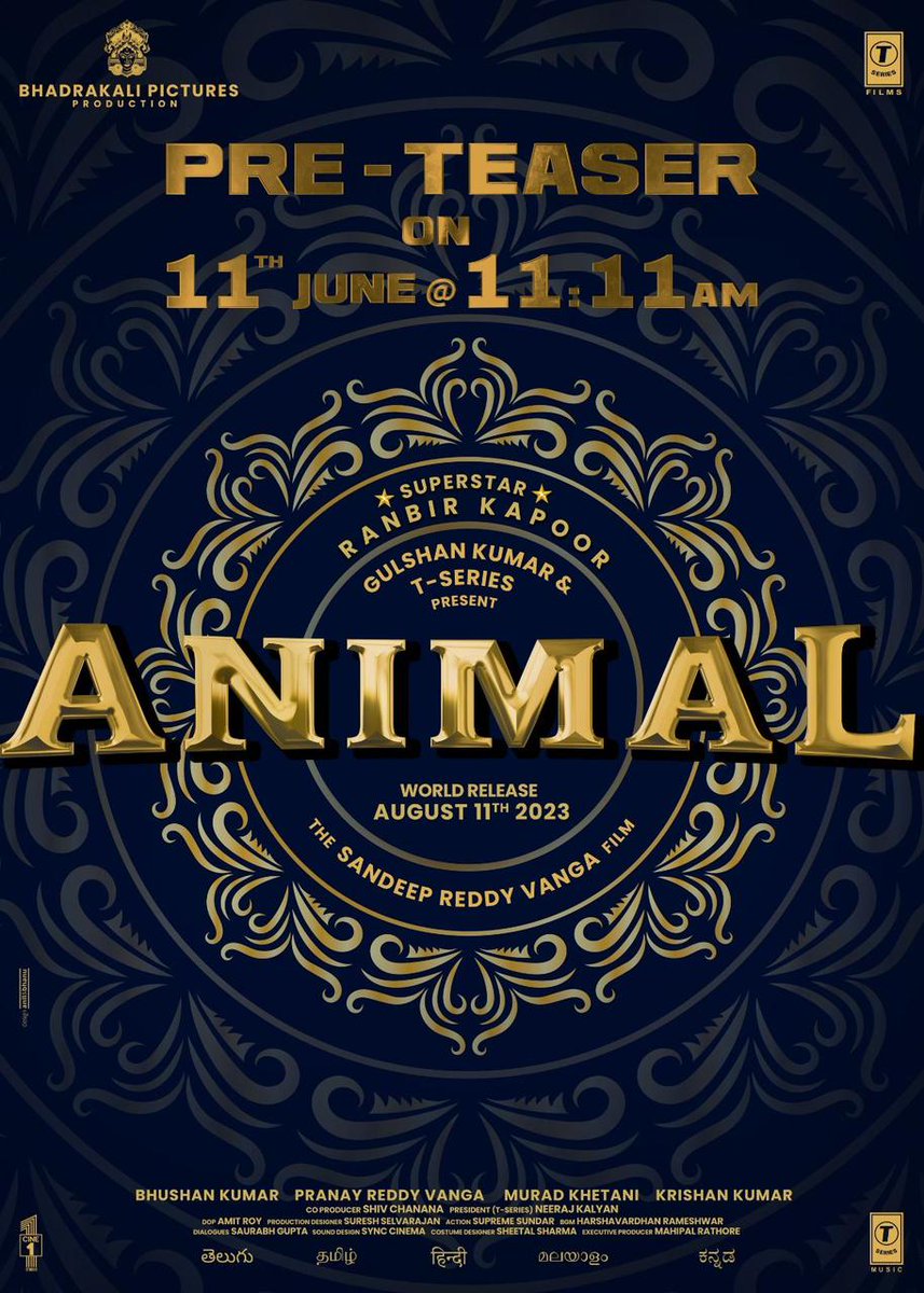 🎥 Excited to announce that the teaser of my first #Bollywood movie, #Animal will be out tomorrow 11 June at 11:11AM!   🎬 #BollywoodDebut  #RanbirKapoor #AnimalTeaser