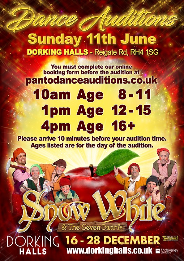 Can't wait to see all our Dorking dancers tomorrow for the SNOW WHITE & THE SEVEN DWARFS pantomime dance auditions @DorkingHalls Sunday 11th June! 🤩 See poster below for audition times... All dancers need to pre-register at: pantodanceauditions.co.uk See you there tomorrow!!!💃🕺