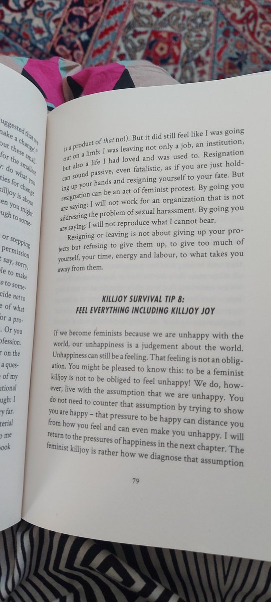 ThisisSamiaRah's tweet photo. Sitting in the sunshine reading @SaraNAhmed and so many passages resonate and inspire. This in particular made me stop and reflect: 'resignation can be an act of #feminist protest.. By going you are saying: I will not reproduce what I cannot bear.' https://t.co/maQKoSkPn2