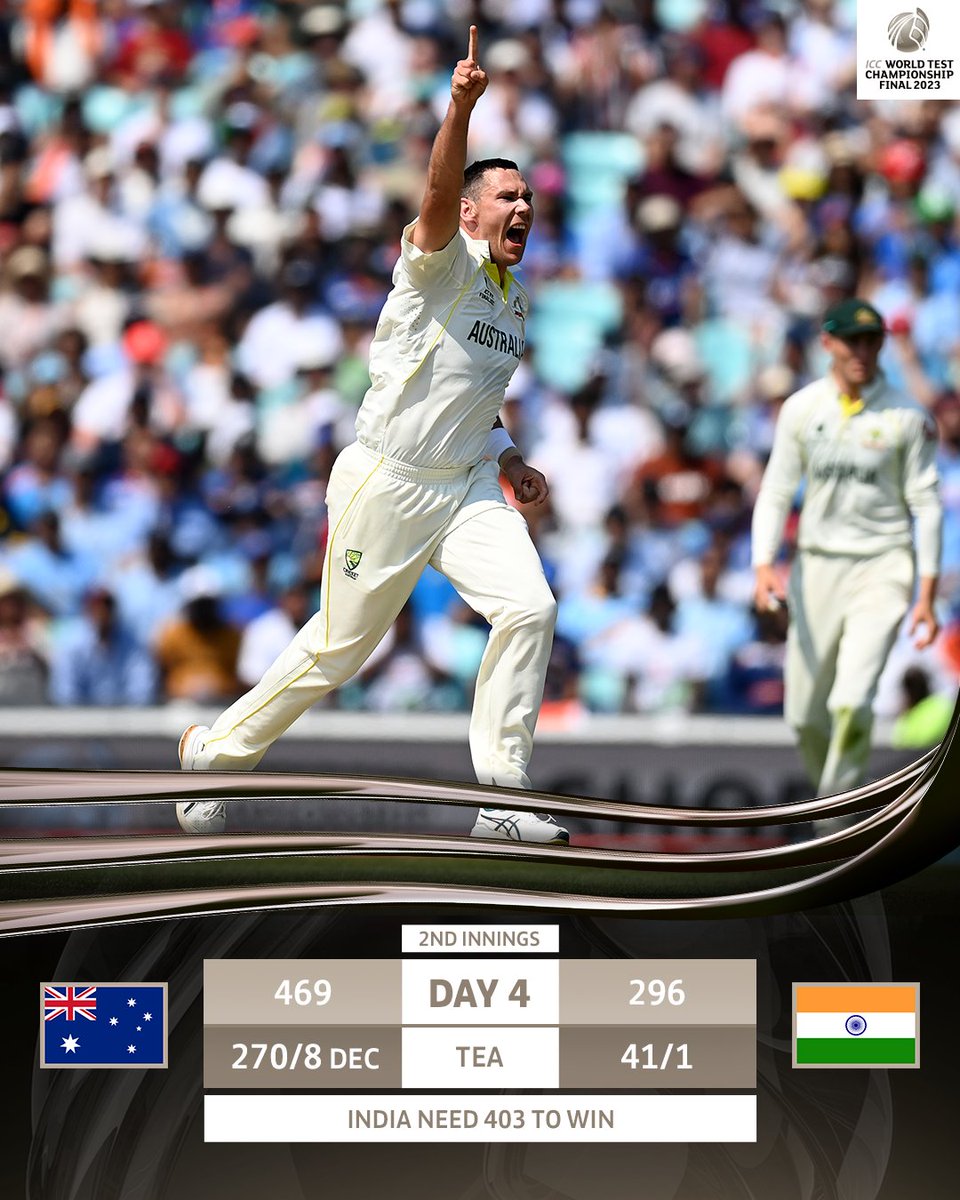 ICC's tweet photo. Shubman Gill falls at the stroke of tea as Australia draw first blood ⚡

Follow the #WTC23 Final 👉 https://t.co/wJHUyVnX0r https://t.co/tylXWOx3xH