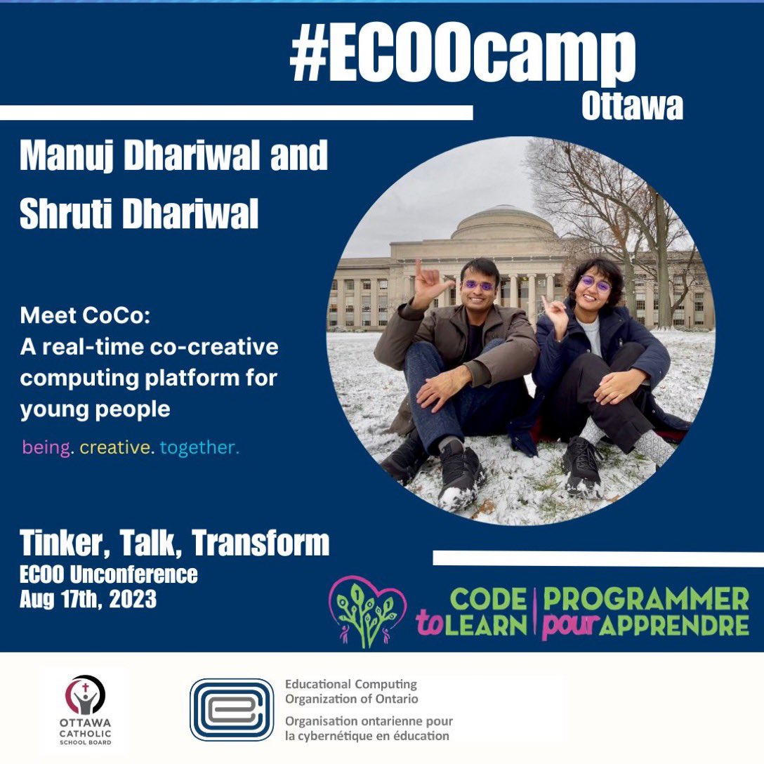 Introducing the opening speakers for #ECOOcamp! Meet CoCo: A real-time co-creative computing platform for young people. Manuj Dhariwal and Shruti Dhariwal are PhD students at MIT Media Lab in the Lifelong Kindergarten research group. @cocobuild 
https://t.co/4pIuaFh0w3