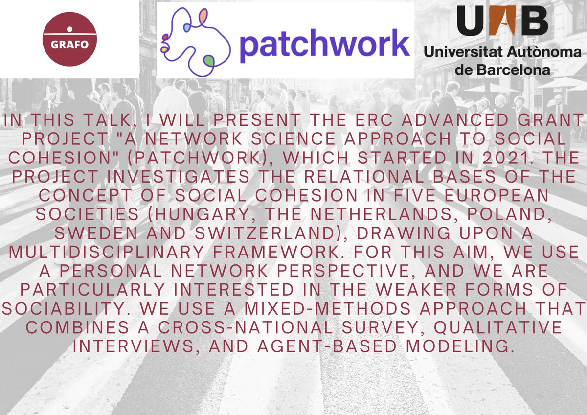 GrafoUab's tweet image. Next friday new GRAFO Seminar!: "A relational perspective to social cohesion" by @miranda_lubbers (UAB). 🔜 16/06 - 16:00 GMT+2 teams.microsoft.com/l/meetup-join/…