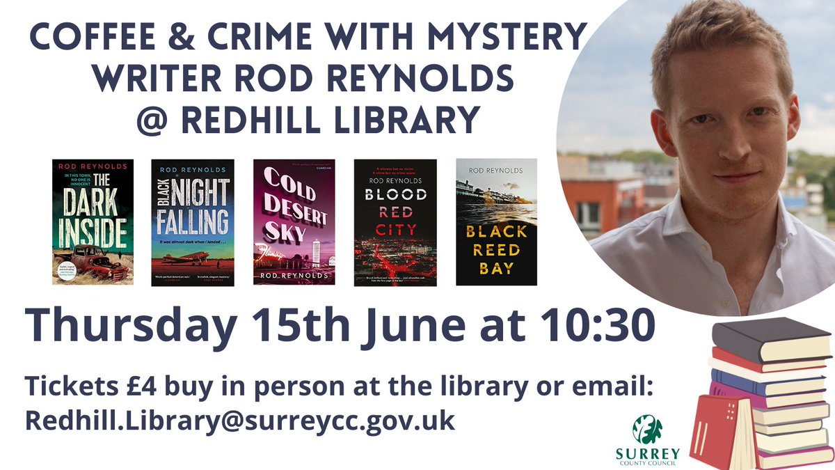 Meet crime & mystery writer Rob Reynolds on Thursday 15 June, 10am at Redhill Library!

Light refreshments available.

Tickets £4 available at library or email redhill.library@surreycc.gov.uk.
#NationalCrimeReadingMonth #PickAPageTurner
@SurreyLibraries @OrendaBooks @Rod_WR