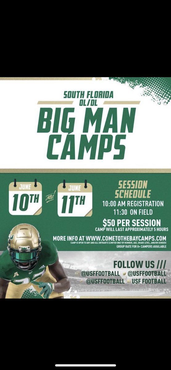 I Will be competing at <a href="/USFFootball/">USF Football</a> For the Big man camp on Sunday!! Can’t wait to go out there and ball!!@CoachGolesh @ELevy_USF <a href="/CoachBahler/">Coach Will Bahler</a> <a href="/WGRanchFootball/">Wiregrass Ranch High School Football</a>
